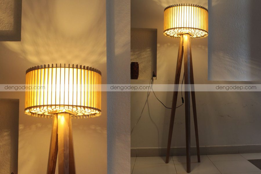 Đèn đặt sàn ba chân chao gỗ hình trụ bánh xe