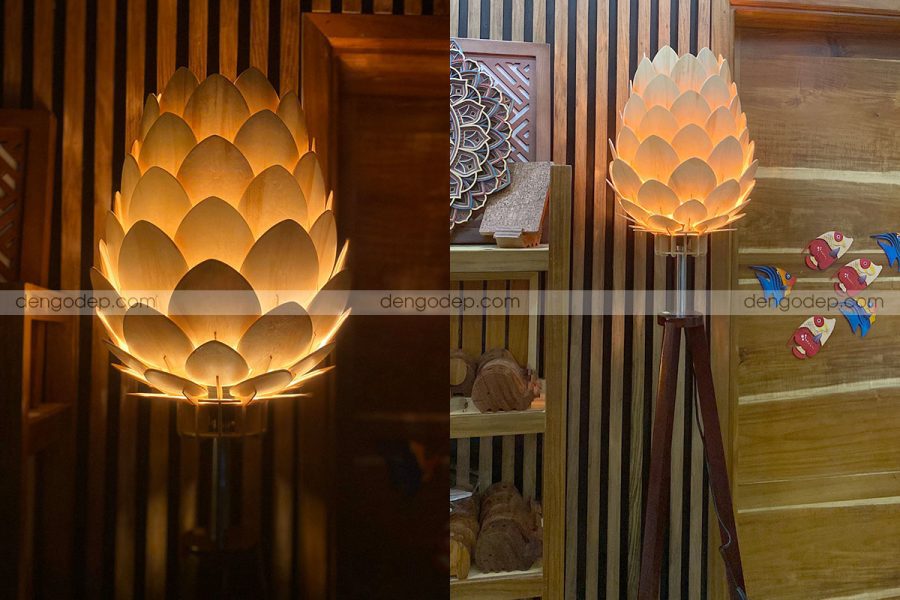 Đèn đặt sàn ba chân chao gỗ bông thông