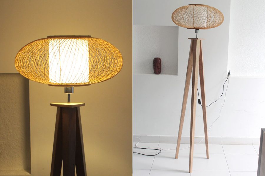 Đèn đặt sàn ba chân chao tre đan hình bầu dục