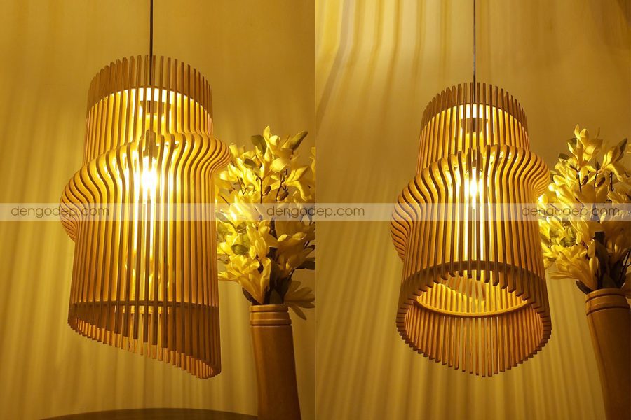 Đèn thả trần hình ống gợn sóng làm bằng gỗ