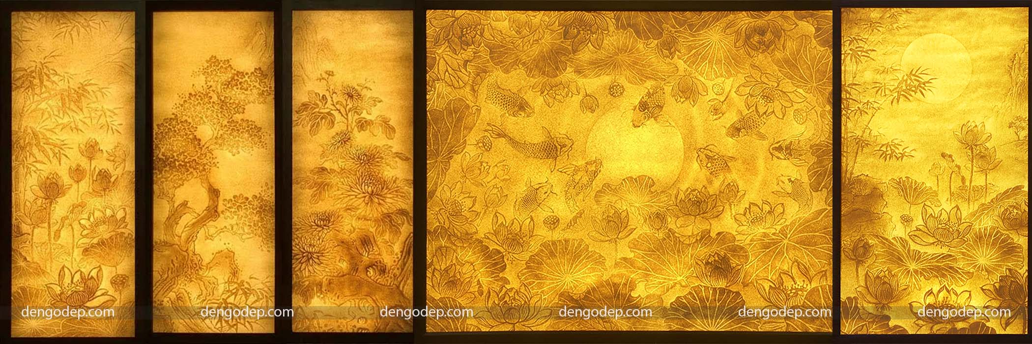 Đèn tranh ốp tường hoa sen hình chữ nhật làm từ giấy dừa hoặc giấy trúc chỉ chất lượng cao