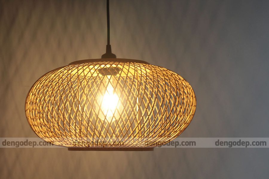 Đèn tre thả trần hình bầu dục đan chéo nan tròn