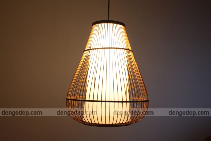 Đèn tre thả trần dáng mũ nấm hai tầng nan mềm