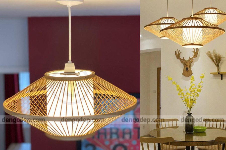 Đèn tre thả trần hình thoi lõi trắng đan nan cứng