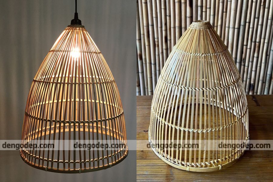 Đèn tre thả trần nan mỏng đan dọc kiểu nơm cá