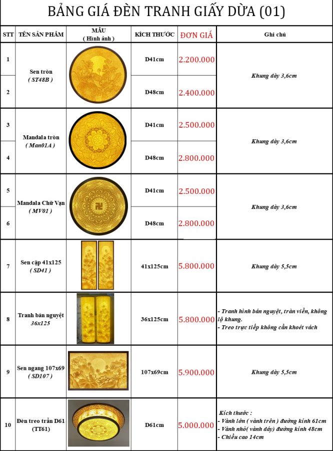 Bảng giá tranh giấy dừa (01)