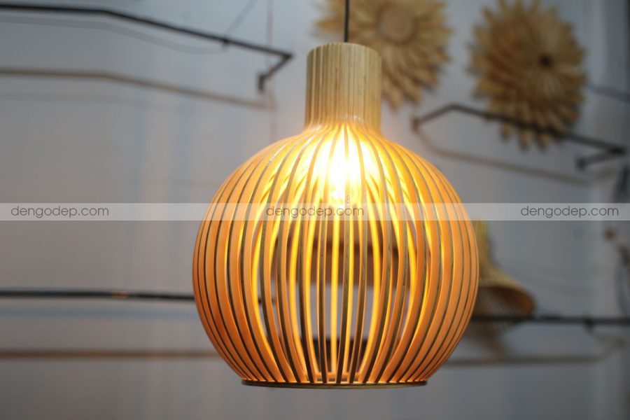 Đèn thả trần dáng bầu tròn cổ ngắn làm bằng gỗ