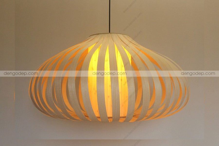 Đèn thả trần dáng quả bí đỏ gỗ veneer sồi