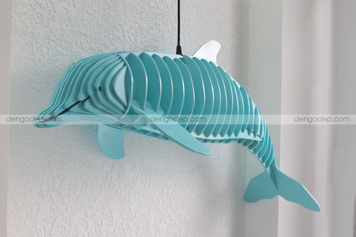 Đèn thả trần hình con cá heo làm bằng gỗ sơn xanh chất lượng cao - Hình 2