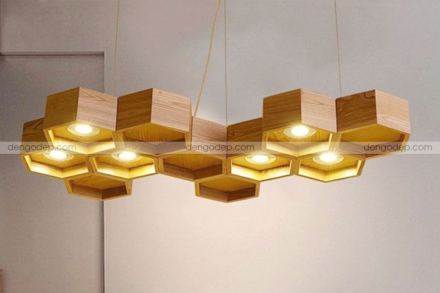 Đèn thả trần tổ ong 11 ô lục giác gỗ sồi