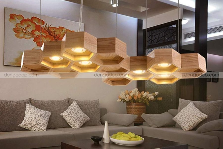 Đèn thả trần tổ ong 12 ô lục giác gỗ sồi