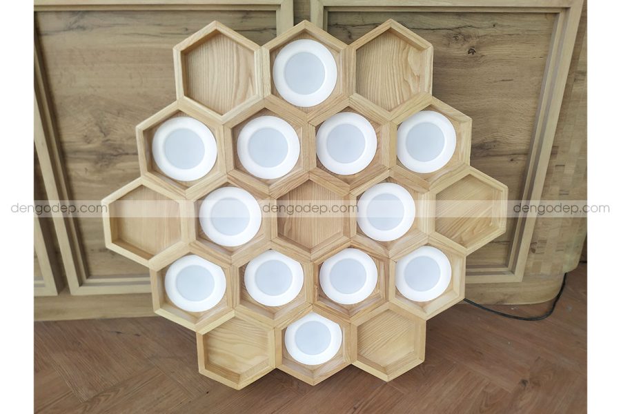 Đèn thả trần tổ ong 19 ô lục giác gỗ sồi