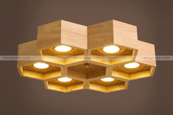 Đèn thả trần tổ ong 7 ô lục giác gỗ sồi kiểu 2