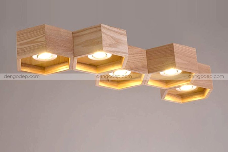 Đèn thả trần tổ ong 5 ô lục giác gỗ sồi