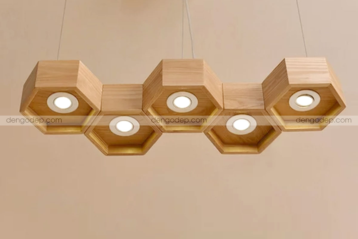 Đèn thả trần tổ ong 5 ô lục giác gỗ sồi chất lượng cao có kiểu dáng sang trọng nghệ thuật - Hình 3