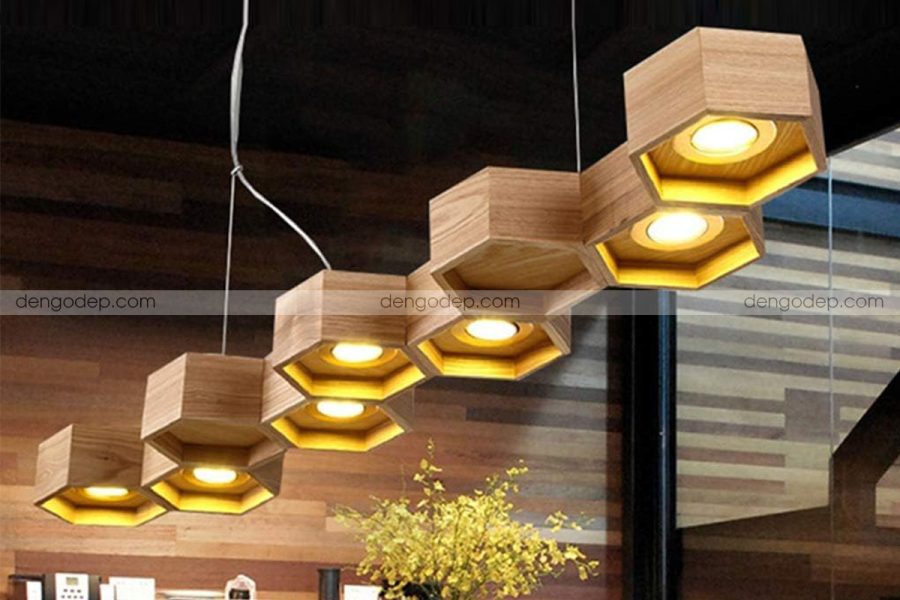 Đèn thả trần tổ ong 9 ô lục giác gỗ sồi