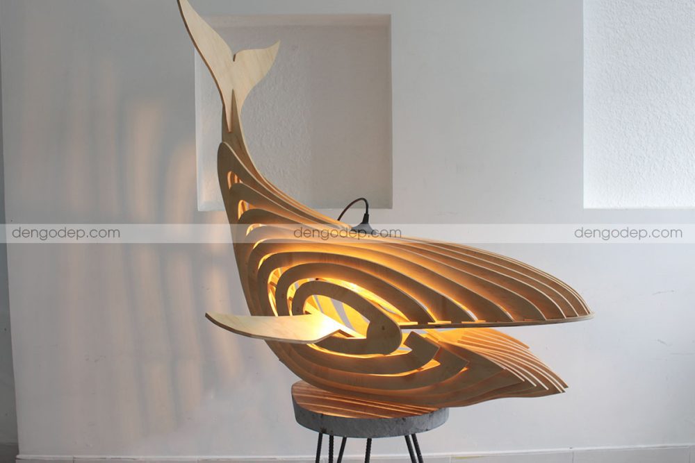 Đèn gỗ thả trần cá voi chụp hướng ngang