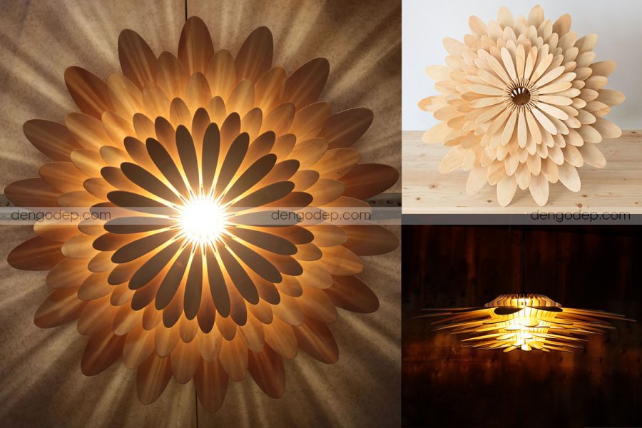 Đèn gỗ thả trần hoa cúc chụp chính diện