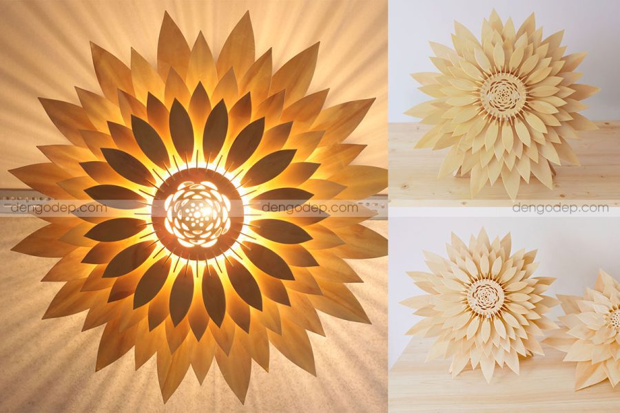 Đèn gỗ thả trần hoa hướng dương lúc thắp sáng và lúc chưa thắp sáng