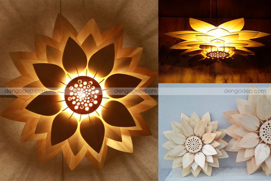 Đèn gỗ thả trần hoa sen chụp lúc thắp sáng và lúc chưa thắp sáng
