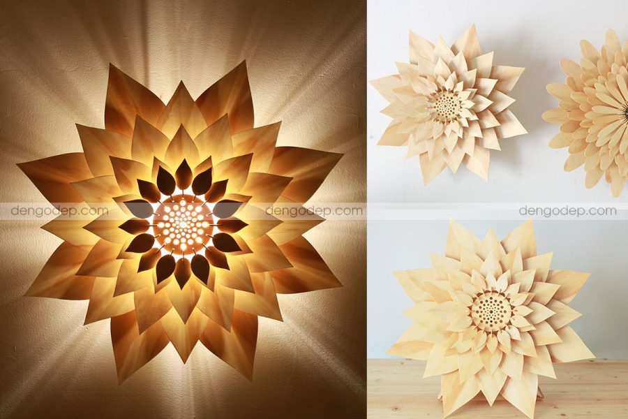 Đèn gỗ thả trần hoa súng chụp trực lúc thắp sáng và lúc chưa thắp sáng