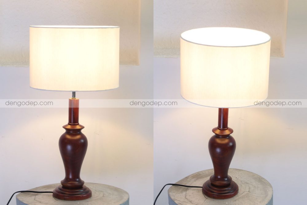 Đèn gỗ để bàn lục bình chụp hướng đối diện lúc thắp sáng