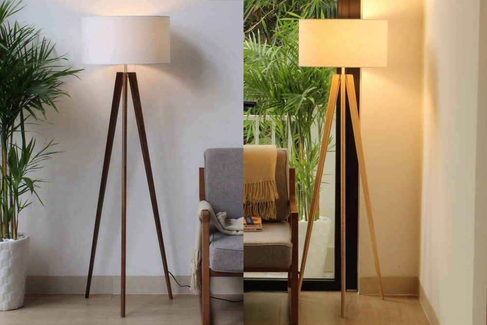 Đèn gỗ đặt sàn ba chân chao trụ vải chụp hướng đối diện