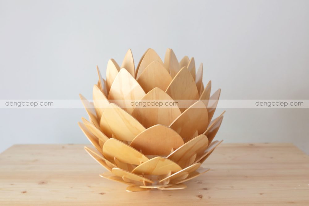 Đèn gỗ thả trần hoa atiso cánh nhọn chụp ngữa