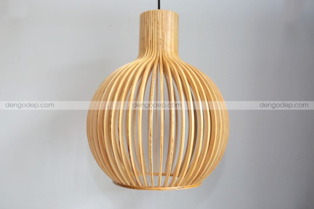 Đèn gỗ thả trần bầu tròn chụp trực diện lúc không thắp sáng