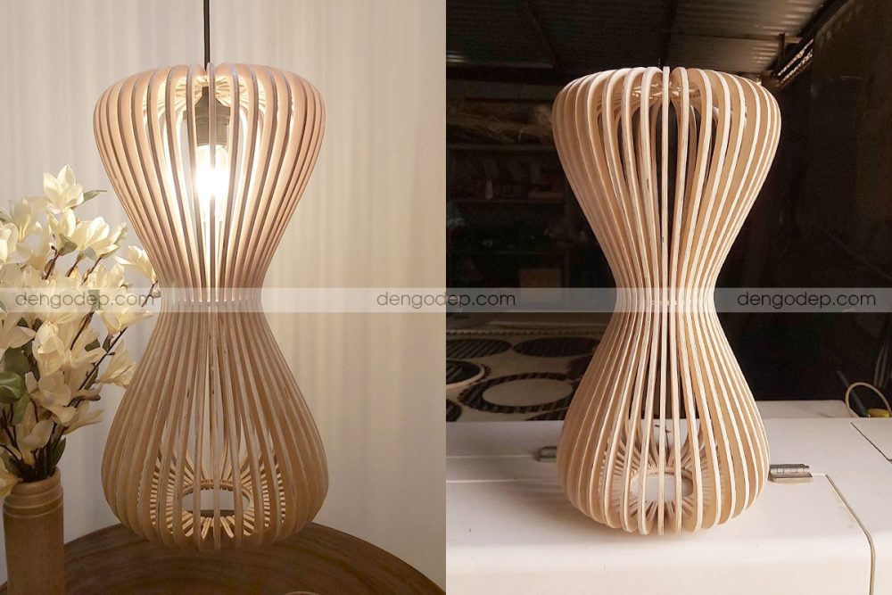 Đèn gỗ thả trần đồng hồ cát chụp lúc thắp sáng