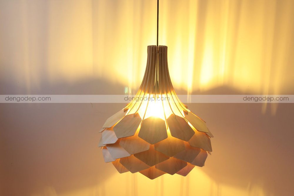 Đèn gỗ thả trần hoa loa kèn chụp hướng trên cao