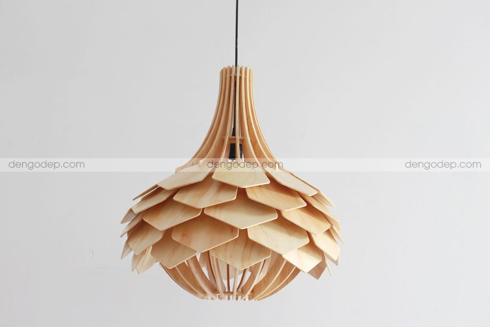 Đèn gỗ thả trần hoa thanh long chụp hướng từ dưới lên
