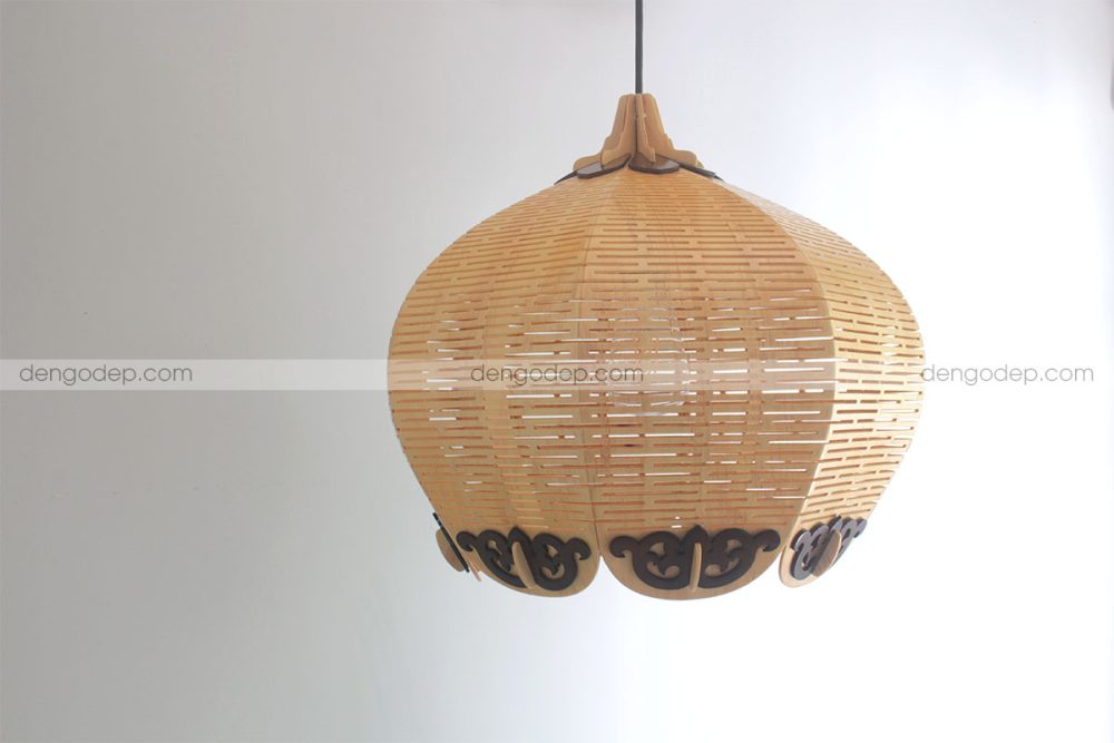 Đèn gỗ thả trần quả bí đỏ chụp hướng ngang