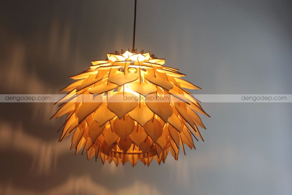 Đèn gỗ thả trần quả thanh long chụp hướng dưới lên