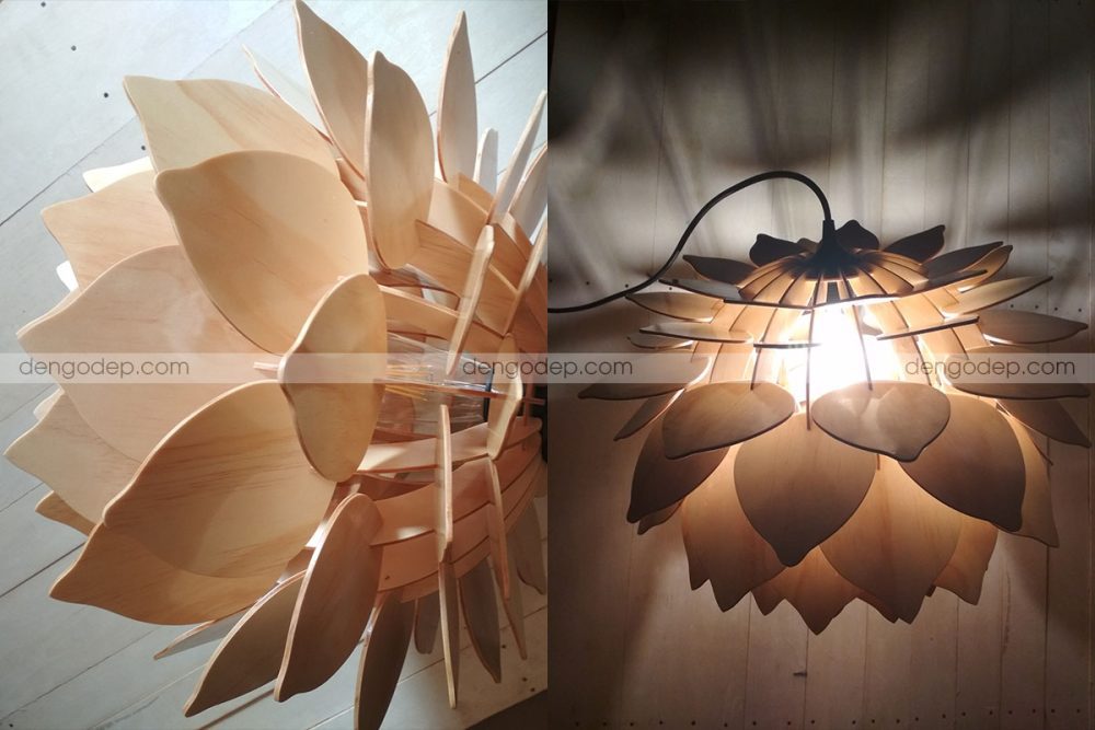 Đèn gỗ thả trần hoa trà chụp từ nhiều hướng