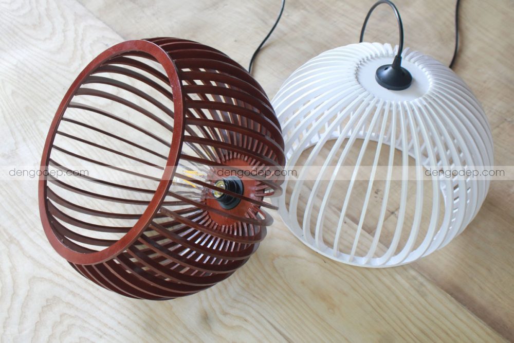Đèn gỗ thả trần bán cầu sơn màu trắng và nâu cánh dán