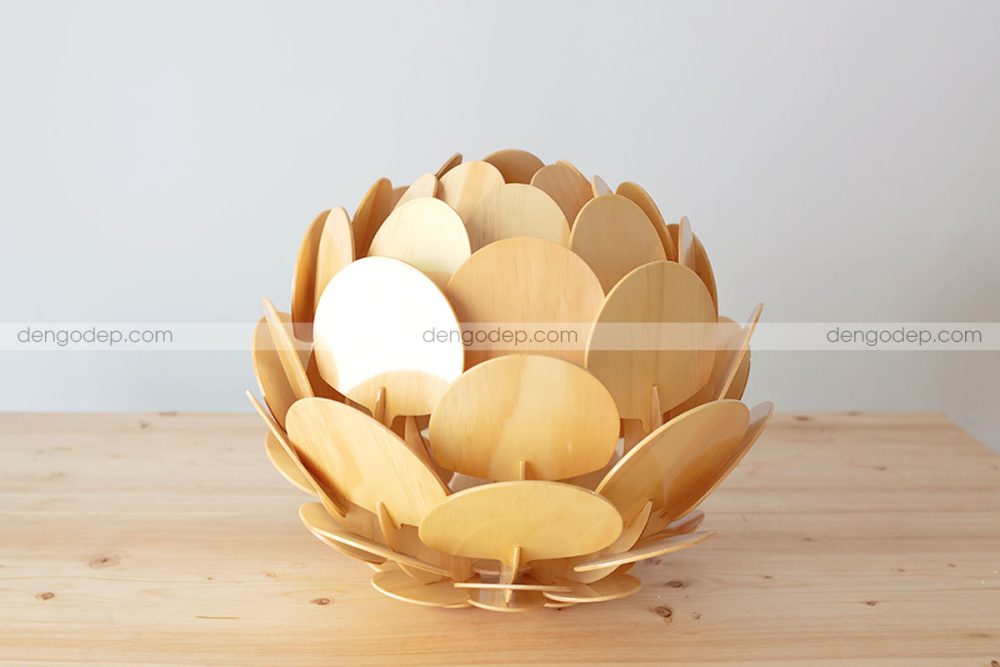 Đèn gỗ thả trần hoa atiso cánh tròn chụp hướng trên xuống