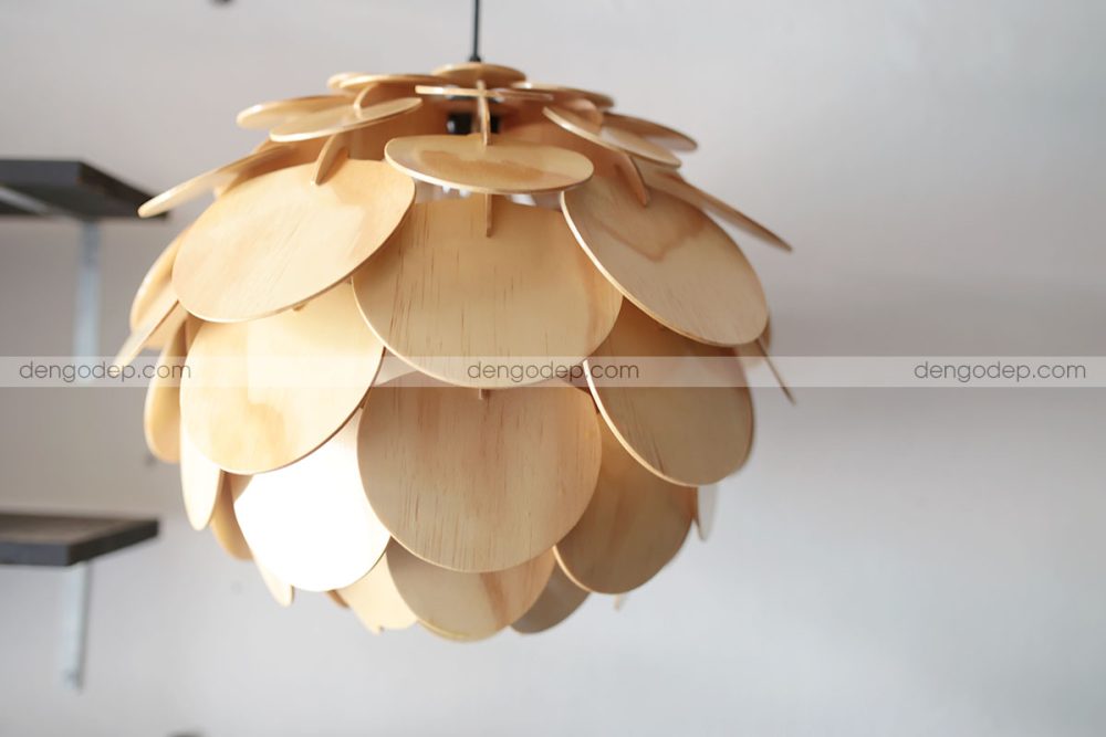 Đèn gỗ thả trần hoa atiso cánh tròn chụp hướng ngang
