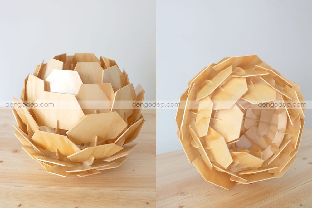 Đèn gỗ thả trần hoa atiso cánh vuông chụp hướng mặt ngang và mặt đáy