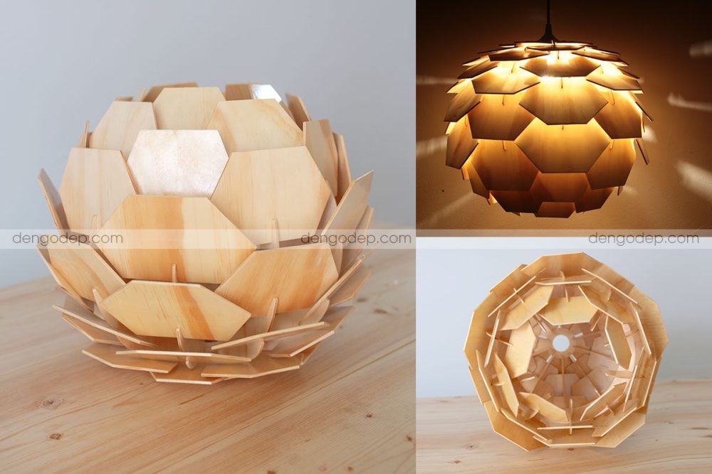 Đèn gỗ thả trần hoa atiso cánh vuông chụp từ nhiều hướng