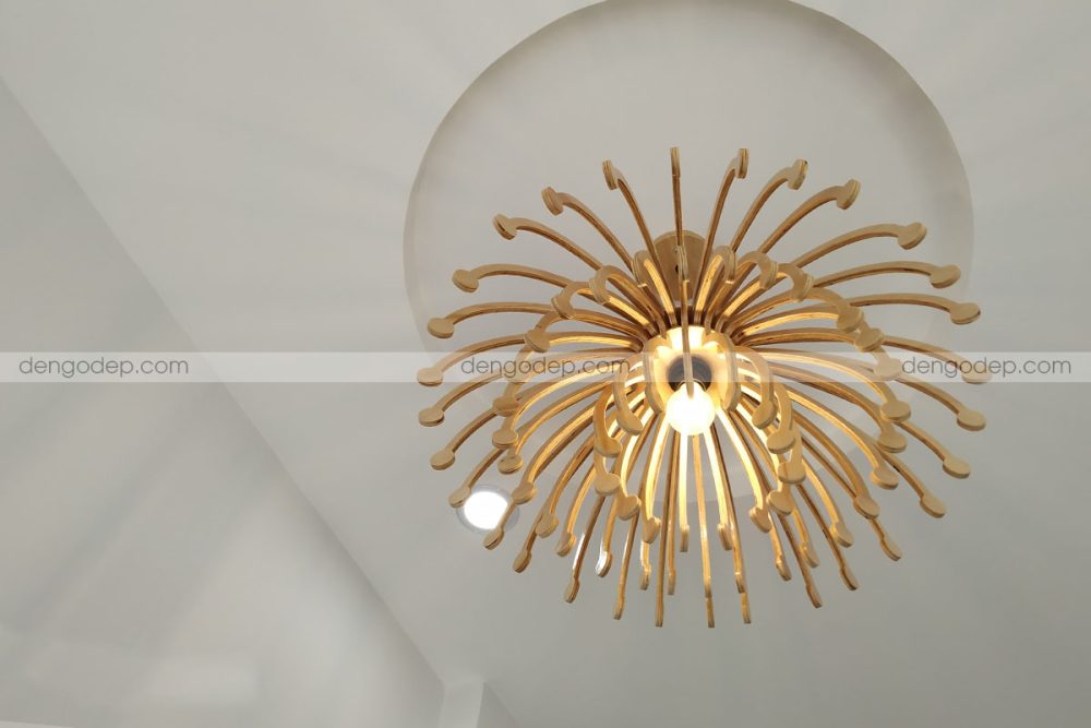 Đèn gỗ thả trần hoa bỉ ngạn chụp lúc thắp sáng ban ngày