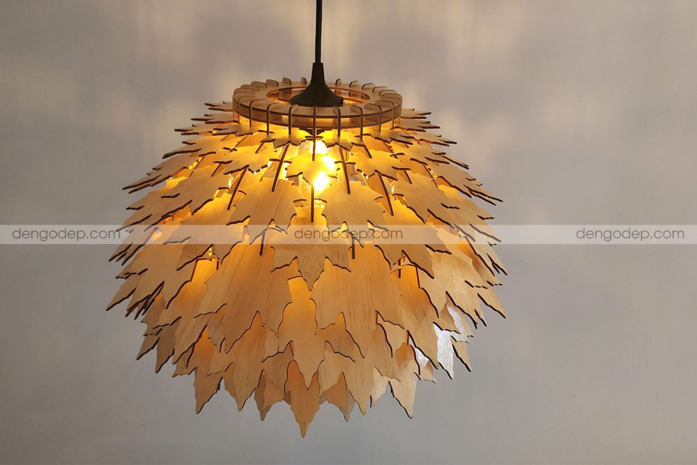Đèn gỗ thả trần lá phong chụp từ trên xuống