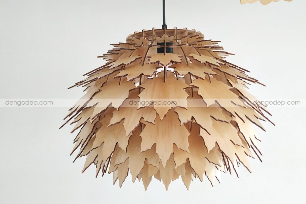 Đèn gỗ thả trần lá phong chụp mặt ngang
